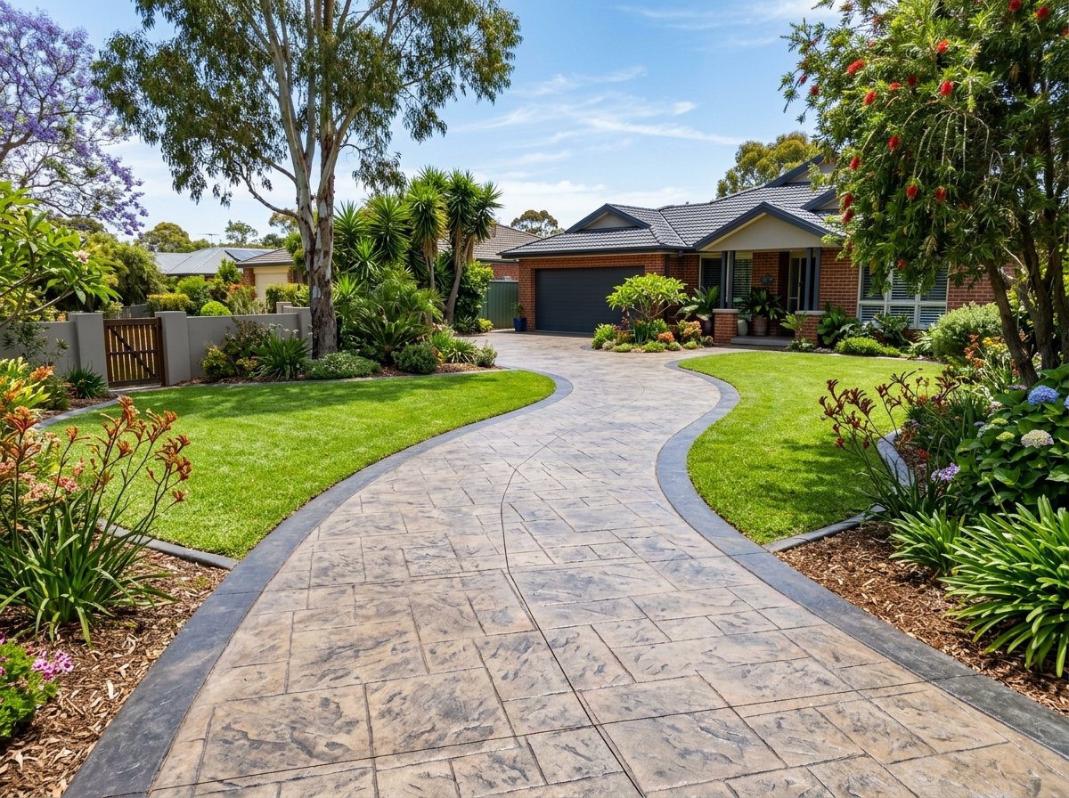 Decorative stamped concrete driveway
